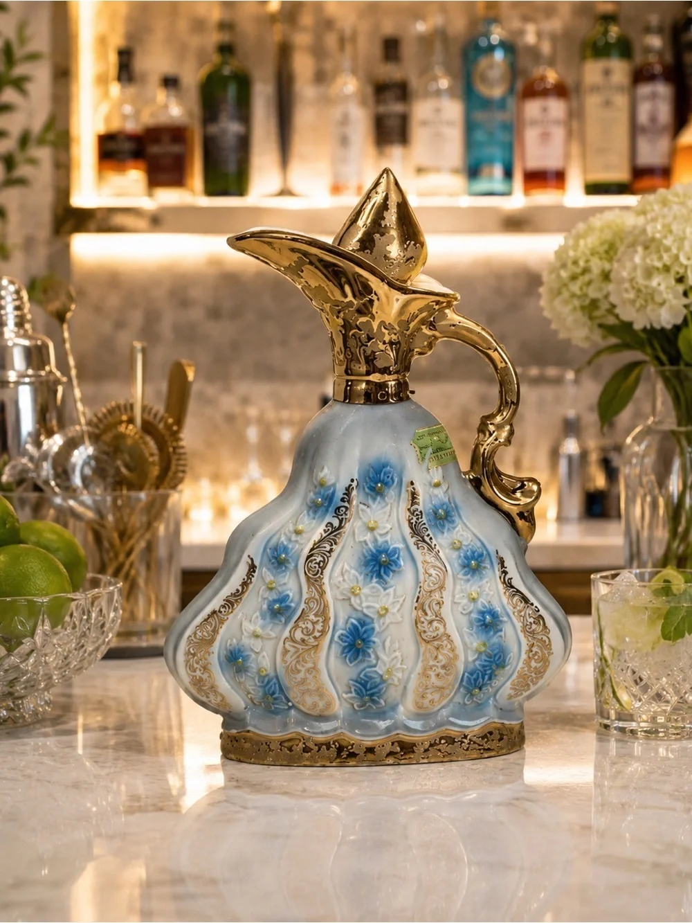 Vintage Jim Beam Ornate Ceramic Bourbon Decanter | Blue & Gold | 1970s | Empty